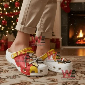 Freddie Mercury Crocs Clogs With Charms 6 Freddie Mercury themed clogs worn by a person walking in a festive room with a fireplace and Christmas tree!