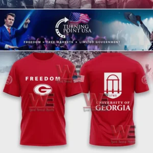Red Turning Point USA themed University of Georgia shirt shown from the front and back highlighting freedom text and school graphics!