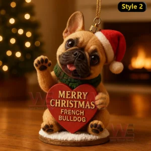 A seated French Bulldog ornament holding a Christmas heart and raising a paw in a cozy holiday scene!