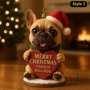 A French Bulldog ornament sitting with a Christmas heart wearing a Santa hat and scarf in a warm festive environment!