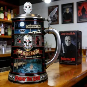 Horror themed beer stein with masked figure lake cabin artwork and dramatic design displayed on a bar counter!