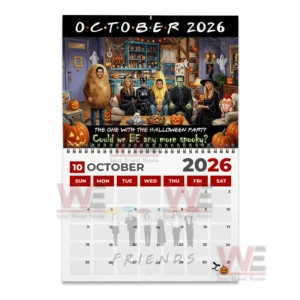 Friends cast in Halloween costumes sitting in a decorated apartment for October 2026.