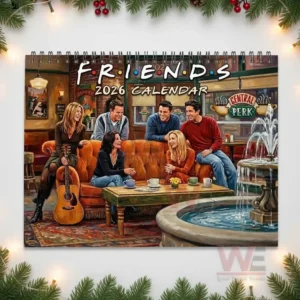 Friends 2026 Wall Calendar 9 Friends cast sitting and chatting on the couch in Central Perk for the 2026 calendar cover.