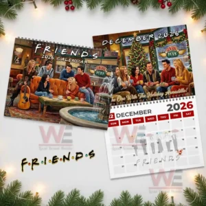 Friends 2026 Wall Calendar 10 Friends 2026 calendar cover and December holiday page displayed together.