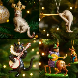Cat shaped Christmas ornament with a gold crown hanging on a decorated tree!