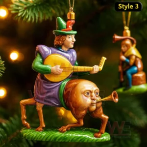 Funny Medieval Cat & Butt Trumpet Christmas Ornaments 8 Medieval musician riding a human faced creature ornament on a Christmas tree!