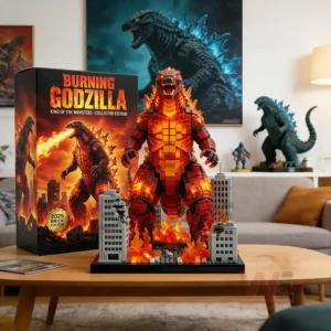 Building block monster figure with glowing fire details standing among small buildings on a tabletop!