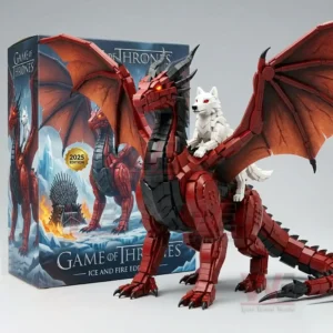 Red brick built dragon with wings and a white wolf rider displayed in front of a fantasy collector box!