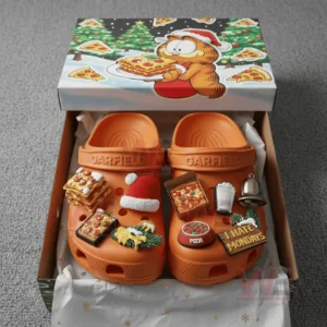 Garfield Christmas clogs with pizza and holiday charms displayed inside a festive gift box!