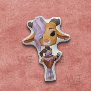 Gazelle singer pillow with microphone and purple hair shown on a pink fabric background!