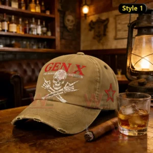 Brown Gen X cap with skull design on a bar table next to whiskey glass and cigar in a classic bar interior!