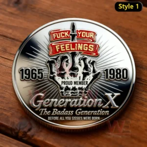 A shiny Generation X themed coin with a skeletal hand design strong wording and bold decorative elements!