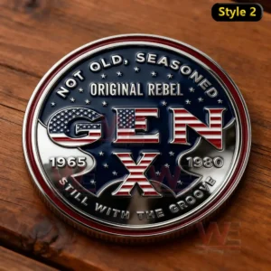 A polished patriotic themed Generation X coin featuring bold lettering stars and stripes!
