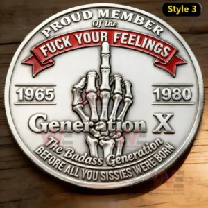 A shiny Generation X coin featuring a skeletal hand design and bold text elements!