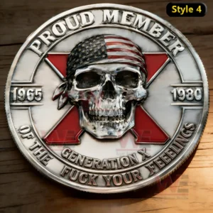 A detailed Generation X coin featuring a skull with a patriotic bandana and bold surrounding text!