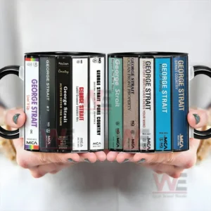 Pair of retro cassette style mugs inspired by George Strait albums held with both hands!