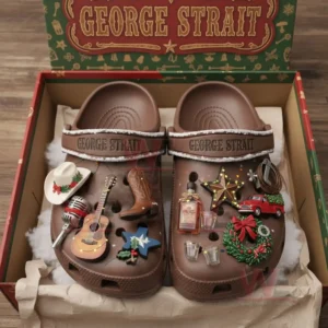 Brown George Strait themed Christmas clogs in a decorated gift box with assorted festive charms!