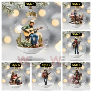 Six cowboy themed Christmas ornaments displayed in various styles featuring musicians inside clear festive globes!