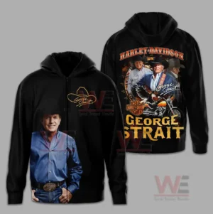 Black sleeveless shirt featuring George Strait portrait on the front and a western motorcycle design on the back!