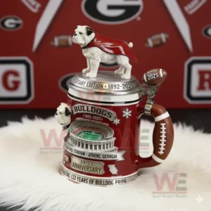 Georgia Bulldogs 133rd Anniversary Commemorative Beer Stein 4 Bulldogs anniversary beer stein displayed with team colors mascot and football theme!