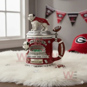 Georgia Bulldogs 133rd Anniversary Commemorative Beer Stein 5 Bulldogs commemorative beer stein displayed indoors with cozy football themed decor!