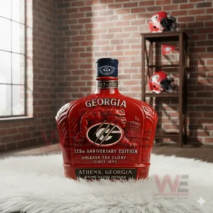 A red Georgia Bulldogs anniversary bottle with a dark cap displayed on a white rug in a brick accented sports room!