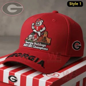 A red Georgia Bulldogs cap with embroidered mascot art and championship text displayed on a striped box!