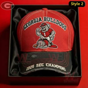 Georgia Bulldogs 2025 SEC Champions Cap hat 3 A red and black Georgia Bulldogs cap with mascot embroidery and championship text placed inside a presentation box!