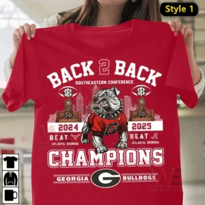 Red Georgia Bulldogs back to back champions shirt with bulldog mascot and city themed graphics held up by a person!