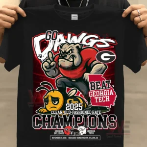 Black Georgia Bulldogs shirt with bulldog mascot dominating a yellow jacket graphic and championship text held by a person!