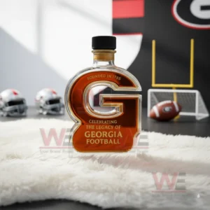 Georgia Bulldogs The Legacy Of Georgia Football Whiskey Bottle 7 A Georgia football legacy G shaped bottle with a black cap displayed on a white rug among football themed items!
