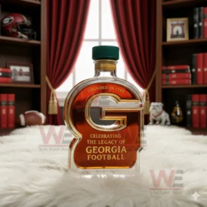 Georgia Bulldogs The Legacy Of Georgia Football Whiskey Bottle 8 A Georgia football legacy G shaped bottle with a green cap positioned on a white rug in a study filled with team decor!