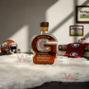 Georgia Bulldogs The Legacy Of Georgia Football Whiskey Bottle 9 A Georgia football legacy G shaped bottle with a brown cap placed on a white rug in a bright room with team themed decorations!