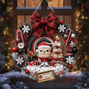 Georgia Bulldogs Christmas Wreath 4 A festive wreath with team themed decorations and a central mascot displayed against a snowy window backdrop!