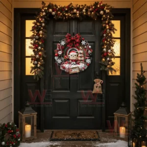 Georgia Bulldogs Christmas Wreath 5 A front door decorated with a bright holiday wreath featuring a mascot and team inspired elements framed by illuminated garlands!
