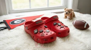 Georgia Bulldogs 2025 SEC Champions Crocs Clogs with Charms 4 A pair of red Georgia Bulldogs clogs decorated with a few mascot and logo charms displayed next to a pennant plush dog and football!