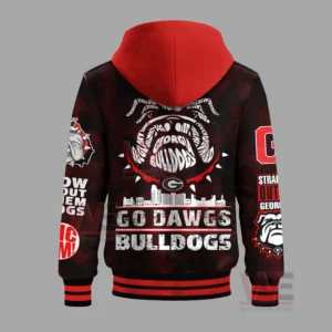 A Georgia Bulldogs jacket back view with a dominant bulldog graphic and bold team text accents!