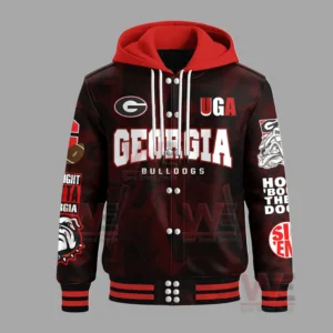 A Georgia Bulldogs jacket front view with strong team lettering and various mascot and logo graphics!