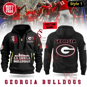 A black Georgia Bulldogs hoodie displaying team graphics a customizable name spot and Go Dawgs Bulldogs text on the front and a large team logo on the back!