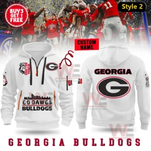 A white Georgia Bulldogs hoodie featuring strong team themed graphics a customizable name area and a large logo on the back!