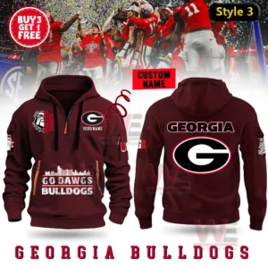A dark red Georgia Bulldogs hoodie decorated with team graphics a customizable name area and a prominent logo on the back!