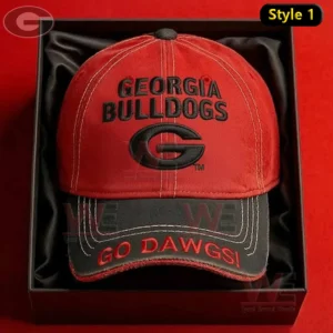 A red Georgia Bulldogs cap with a black brim embroidered team name and logo arranged in a presentation box!