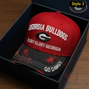 Georgia Bulldogs Go Dawgs Cap hat 7 A red Georgia Bulldogs cap with raised lettering a central logo and a splattered black brim displayed in a gift box!