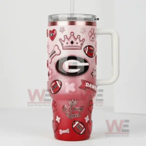 Georgia themed pink and red tumbler with handle and decorative sports and crown graphics!
