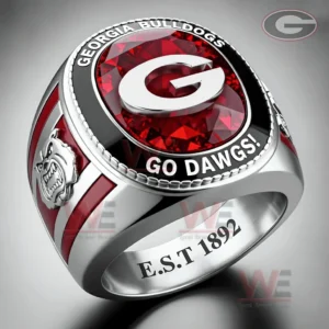 Georgia Bulldogs ring with a red gemstone style center raised letter G team text Georgia Bulldogs Go Dawgs red enamel side accents bulldog emblem and E S T one eight nine two engraving!