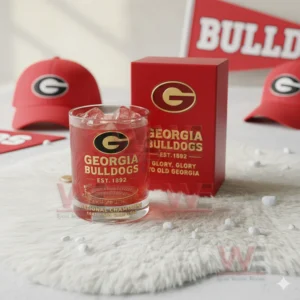 Georgia Bulldogs whiskey glass with red drink ice and red collector box displayed on a soft white surface!
