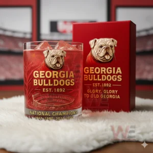 Georgia Bulldogs bulldog themed whiskey glass with red drink ice and matching red box in a fan inspired scene!