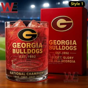 Georgia Bulldogs letter G whiskey glass with red drink ice and red box displayed in a stadium environment!
