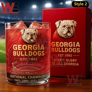 Georgia Bulldogs bulldog design whiskey glass with red drink ice and red collector box in a stadium setting!
