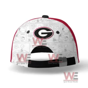 Back view of a red white and black Georgia Bulldogs cap with comic pattern and adjustable closure!